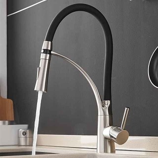 Single Handle Kitchen Faucet, Brush Nickel One Hole Pull Out Centerset, Brass Kitchen Faucet with Supply Lines