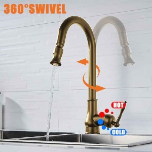 Pull Out Kitchen Faucet Sink Mixer with Sprayer, Antique 360° Swivel Single Handle One Hole Pull Down Kitchen Vessel Tap Deck Mounted, with Hot and Cold Water Hose