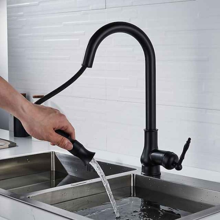 Pull Out Kitchen Faucet Sink Mixer with Sprayer, Antique 360° Swivel Single Handle One Hole Pull Down Kitchen Vessel Tap Deck Mounted, with Hot and Cold Water Hose