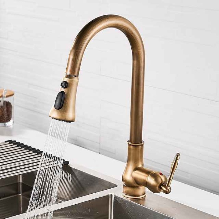 Pull Out Kitchen Faucet Sink Mixer with Sprayer, Antique 360° Swivel Single Handle One Hole Pull Down Kitchen Vessel Tap Deck Mounted, with Hot and Cold Water Hose