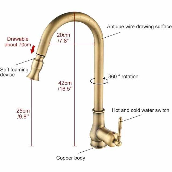 Pull Out Kitchen Faucet Sink Mixer with Sprayer, Antique 360° Swivel Single Handle One Hole Pull Down Kitchen Vessel Tap Deck Mounted, with Hot and Cold Water Hose