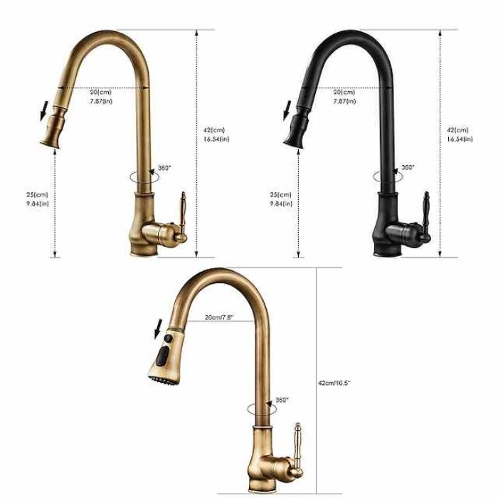 Pull Out Kitchen Faucet Sink Mixer with Sprayer, Antique 360° Swivel Single Handle One Hole Pull Down Kitchen Vessel Tap Deck Mounted, with Hot and Cold Water Hose