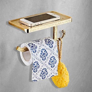 Toilet Paper Holder Polished Brass Premium Design Metal Bathroom Shelf with Hook 1pc Wall Mounted