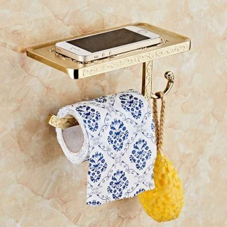 Toilet Paper Holder Polished Brass Premium Design Metal Bathroom Shelf with Hook 1pc Wall Mounted