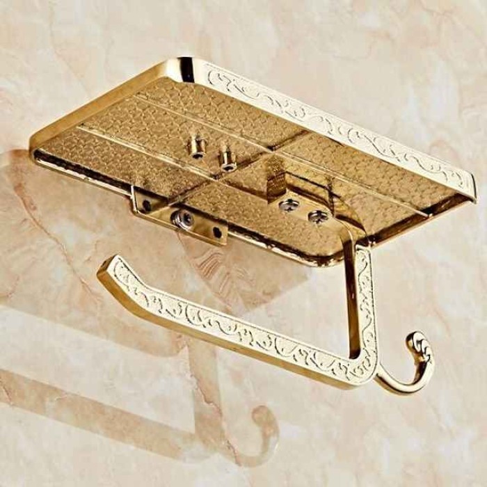 Toilet Paper Holder Polished Brass Premium Design Metal Bathroom Shelf with Hook 1pc Wall Mounted