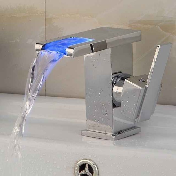 Modern Style Bathroom Sink Faucet LED/Waterfall Electroplated Centerset Single Handle One HoleBath Taps/Bathroom Sink Faucet+ Accessories/Contemporary/Vintage/Yes/Brass