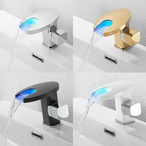 Bathroom Sink Faucet,LED Waterfall Temperature Controlled 3-Colors Electroplated Centerset Single Handle One Hole Bath Taps