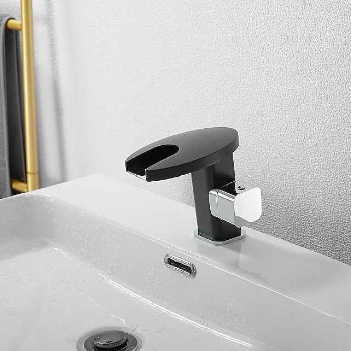 Bathroom Sink Faucet,LED Waterfall Temperature Controlled 3-Colors Electroplated Centerset Single Handle One Hole Bath Taps