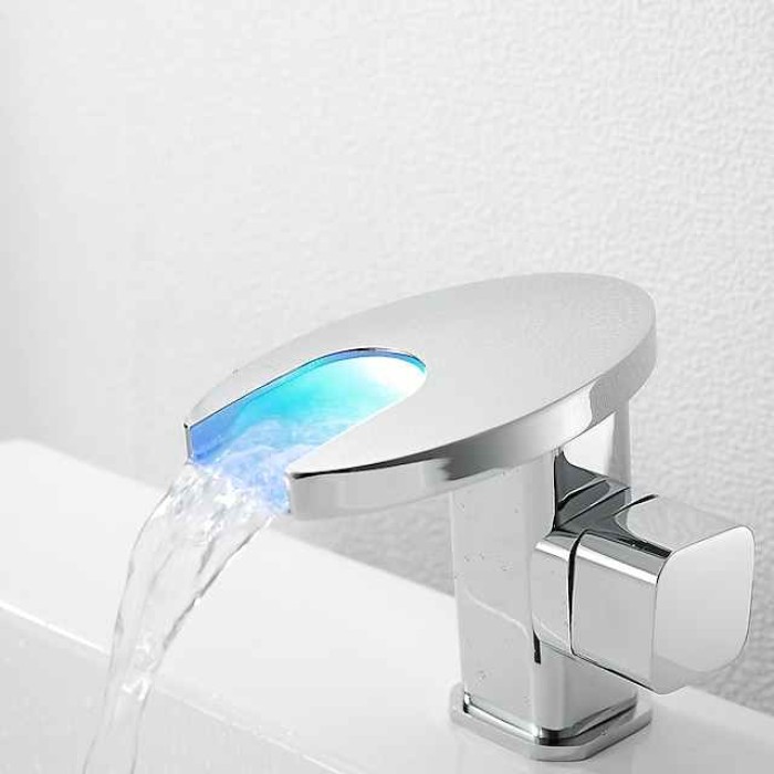 Bathroom Sink Faucet,LED Waterfall Temperature Controlled 3-Colors Electroplated Centerset Single Handle One Hole Bath Taps