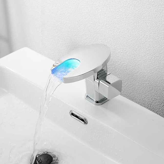 Bathroom Sink Faucet,LED Waterfall Temperature Controlled 3-Colors Electroplated Centerset Single Handle One Hole Bath Taps