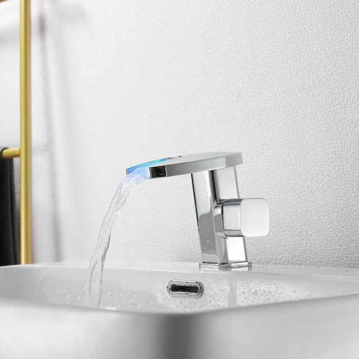 Bathroom Sink Faucet,LED Waterfall Temperature Controlled 3-Colors Electroplated Centerset Single Handle One Hole Bath Taps