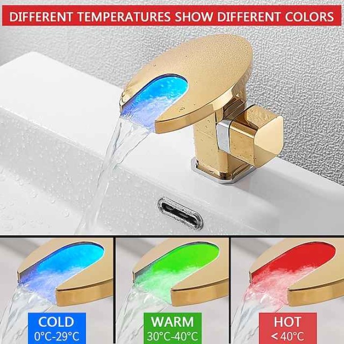 Bathroom Sink Faucet,LED Waterfall Temperature Controlled 3-Colors Electroplated Centerset Single Handle One Hole Bath Taps