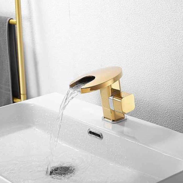 Bathroom Sink Faucet,LED Waterfall Temperature Controlled 3-Colors Electroplated Centerset Single Handle One Hole Bath Taps