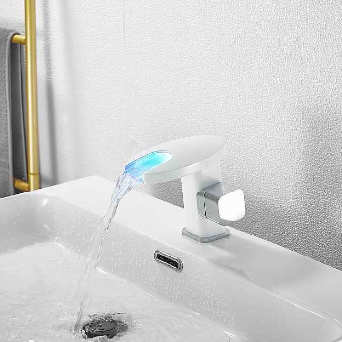 Bathroom Sink Faucet,LED Waterfall Temperature Controlled 3-Colors Electroplated Centerset Single Handle One Hole Bath Taps