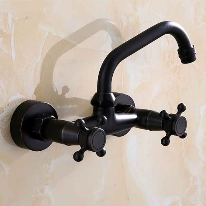 Bathroom Sink Mixer Faucet Wall Mount, Vintage 2 Handle 3 Holes Basin Taps with Cold Hot Water Hose, Washroom Mono Basin Vessel Taps Deck Mounted Oil-rubbed Bronze