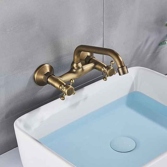 Bathroom Sink Mixer Faucet Wall Mount, Vintage 2 Handle 3 Holes Basin Taps with Cold Hot Water Hose, Washroom Mono Basin Vessel Taps Deck Mounted Oil-rubbed Bronze