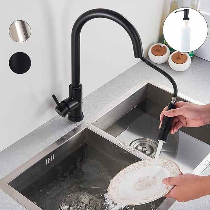 Kitchen Sink Mixer Faucet with Pull Out Sprayer, Stainless Steel Rotatable Vessel Tap, Rainfall/Waterfall Mode Spray Faucet, Black&Silver Kitchen Faucet Tap with Soap Dispenser