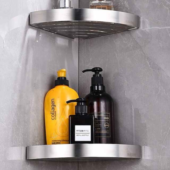 Shower Shelf Corner,Stainless Steel Shower Shelves Wall Mounted Shower Caddy Storage Basket Bathroom Kitchen Organizer, 2 Tier(Black/Silver)