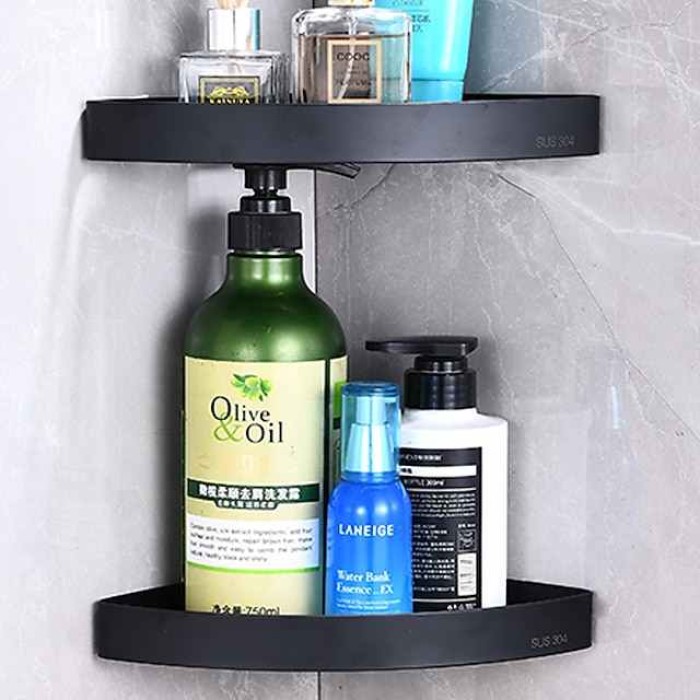 Shower Shelf Corner,Stainless Steel Shower Shelves Wall Mounted Shower Caddy Storage Basket Bathroom Kitchen Organizer, 2 Tier(Black/Silver)