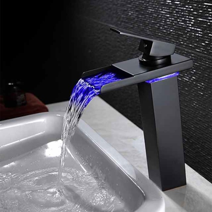 Single Handle Bathroom Faucet, Oil-rubbed Bronze One Hole LED/Waterfall/Centerset Bath Taps, Brass Bathroom Sink Faucet Contain with Cold and Hot Water