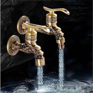 Outdoor Faucet,Wall Mount Antique Brass Faucet,Garden Outdoor Decorative Hose 1/2 inch Connection Spigot Carving Desigh with Cold Water Only