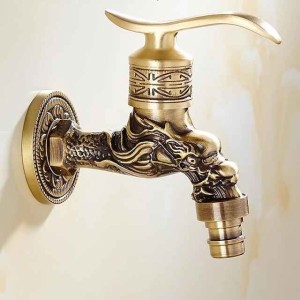 Outdoor Faucet,Wall Mount Antique Brass Faucet,Garden Outdoor Decorative Hose 1/2 inch Connection Spigot Carving Desigh with Cold Water Only