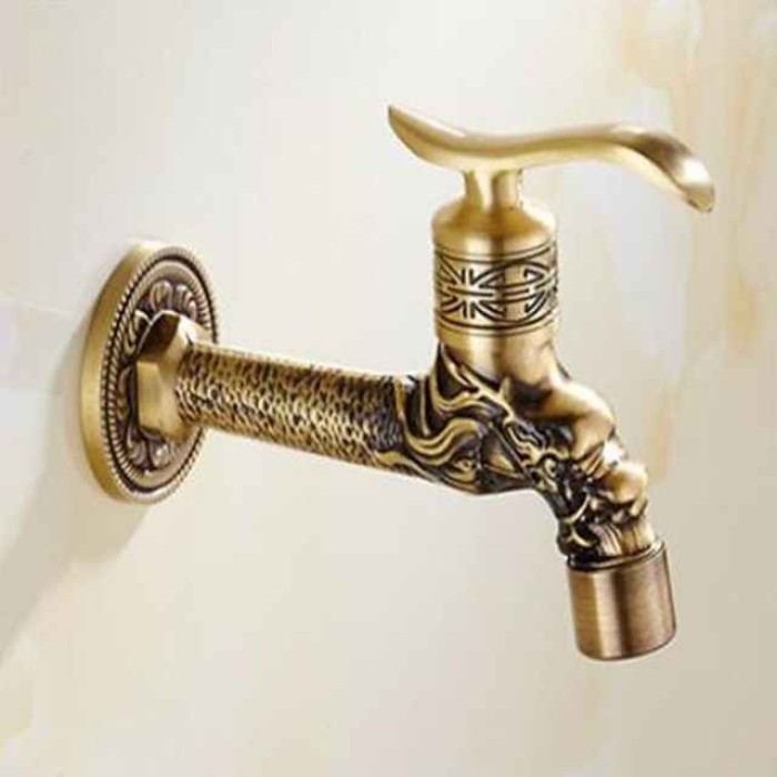 Outdoor Faucet,Wall Mount Antique Brass Faucet,Garden Outdoor Decorative Hose 1/2 inch Connection Spigot Carving Desigh with Cold Water Only