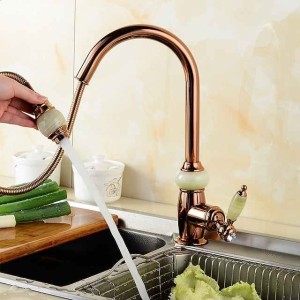 Pull Out Kitchen Sink Mixer Faucet with Sprayer, 360 swivel High Arc Pull Down Kitchen Taps, Vintage Single Handle One Hole Vessel Water Tap with Cold Hot Hose Golden Rose Gold