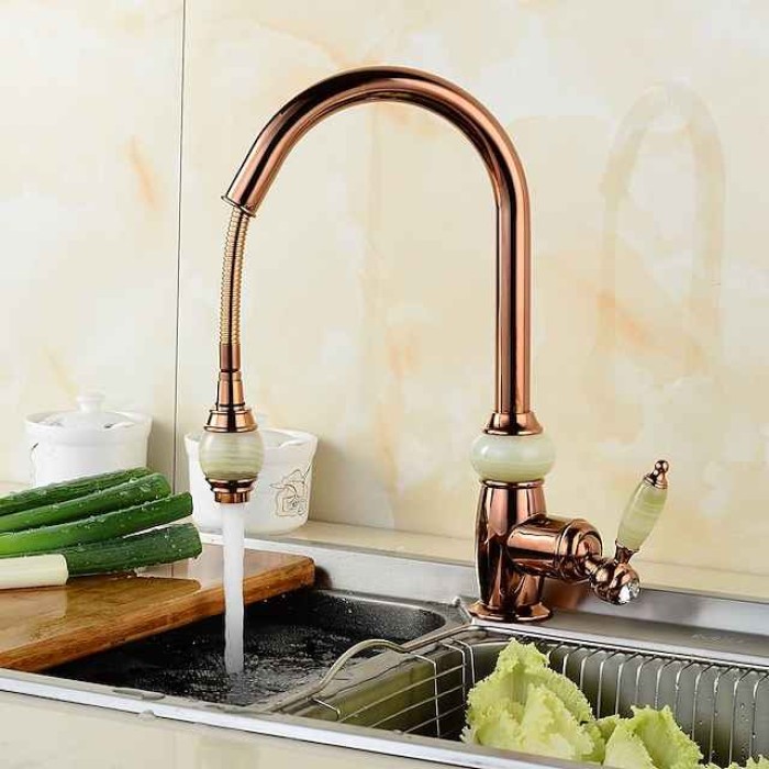 Pull Out Kitchen Sink Mixer Faucet with Sprayer, 360 swivel High Arc Pull Down Kitchen Taps, Vintage Single Handle One Hole Vessel Water Tap with Cold Hot Hose Golden Rose Gold