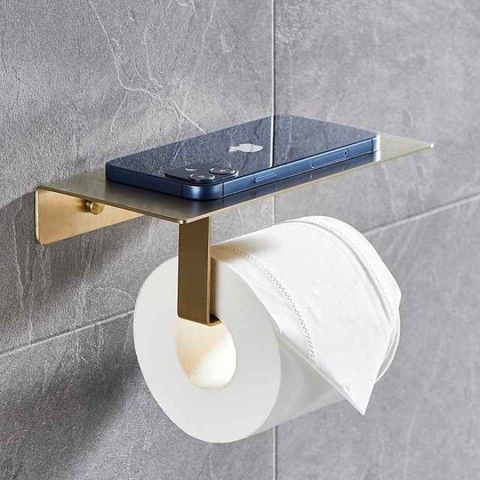 Multi-function Toilet Paper Shelf with Phone Storage Stainless Steel Roll Paper Holder with Screws Wall-mounted  1pc