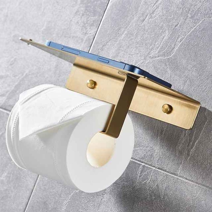 Multi-function Toilet Paper Shelf with Phone Storage Stainless Steel Roll Paper Holder with Screws Wall-mounted  1pc