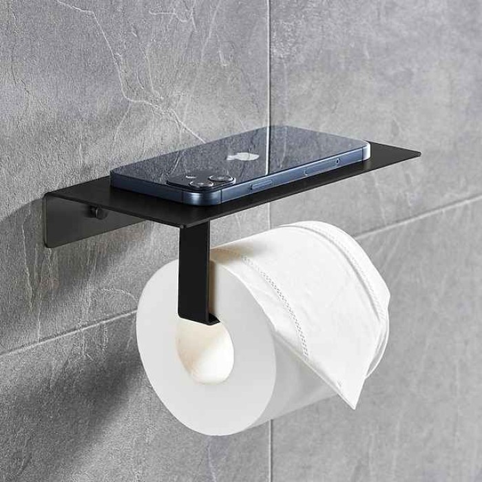 Multi-function Toilet Paper Shelf with Phone Storage Stainless Steel Roll Paper Holder with Screws Wall-mounted  1pc