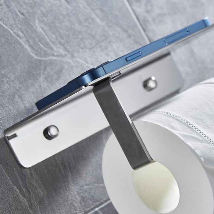 Multi-function Toilet Paper Shelf with Phone Storage Stainless Steel Roll Paper Holder with Screws Wall-mounted  1pc