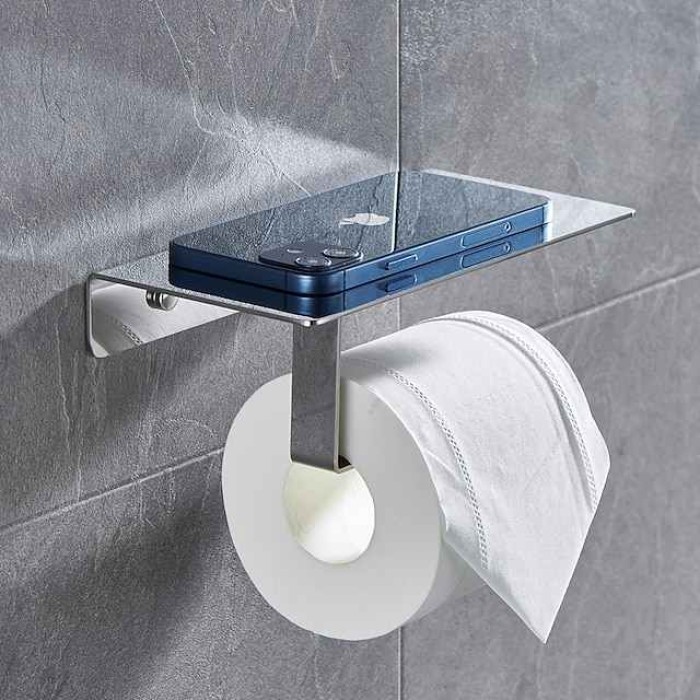 Multi-function Toilet Paper Shelf with Phone Storage Stainless Steel Roll Paper Holder with Screws Wall-mounted  1pc