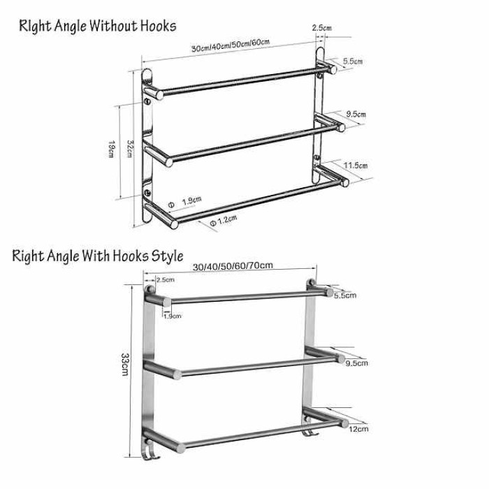 Towel Holder with Hooks,Wall Mounted Stainless Steel 3-Tier Towel Rack Storage Shelf for Bathroom 30cm~70cm Towel Bar Towel Rail Towel Hanger(Matte Black/Chrome)