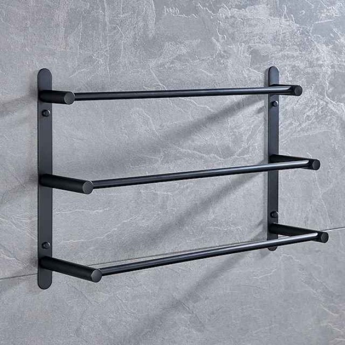 Towel Holder with Hooks,Wall Mounted Stainless Steel 3-Tier Towel Rack Storage Shelf for Bathroom 30cm~70cm Towel Bar Towel Rail Towel Hanger(Matte Black/Chrome)