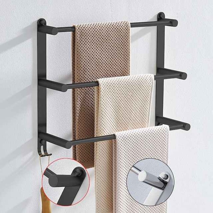 Towel Holder with Hooks,Wall Mounted Stainless Steel 3-Tier Towel Rack Storage Shelf for Bathroom 30cm~70cm Towel Bar Towel Rail Towel Hanger(Matte Black/Chrome)