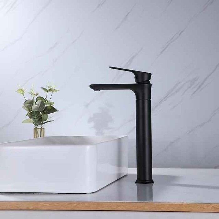 Bathroom Sink Tall Faucet Heavy Duty Style Single Handle One Hole Bath Vessel Sink Faucet Deck Mount Basin Hot and Cold Mixer Tap Lavatory Vanity Sink Faucets Brass Matte Black