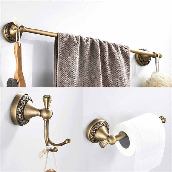 Bathroom Accessory Towel Ring/Toilet Paper Holder/Robe Hook Antique Brass Bathroom Single Rod Wall Mounted Carved Design