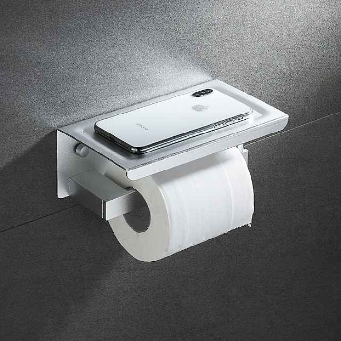 Toilet Paper Holder with Shelf Wall Mounted,Aluminum Toilet Paper Roll Holder, Tissue Roll with Mobile Phone Storage