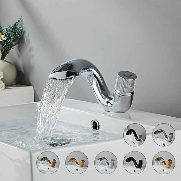 Waterfall Bathroom Sink Mixer Faucet, Mono Wash Basin Single Handle Basin Taps, Monobloc Vessel Water Brass Tap Deck Mounted with Hot and Cold Hose