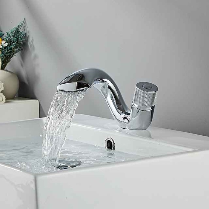 Waterfall Bathroom Sink Mixer Faucet, Mono Wash Basin Single Handle Basin Taps, Monobloc Vessel Water Brass Tap Deck Mounted with Hot and Cold Hose