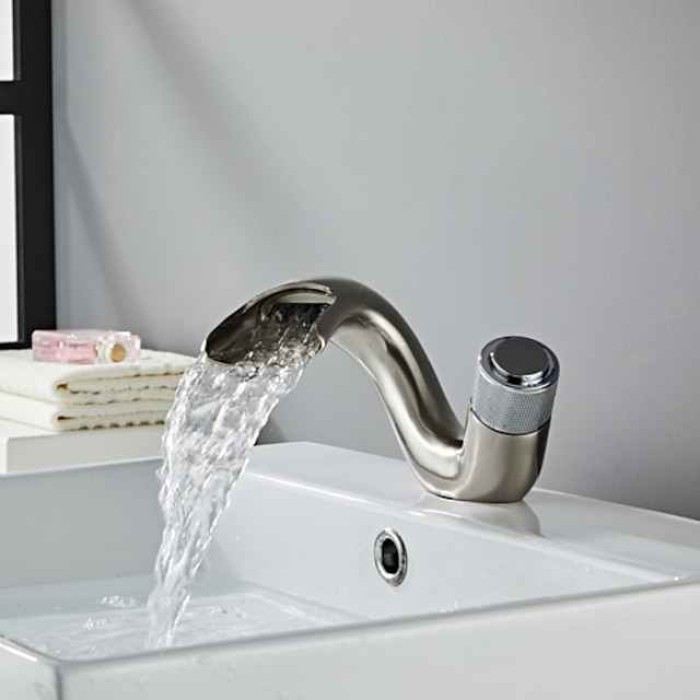 Waterfall Bathroom Sink Mixer Faucet, Mono Wash Basin Single Handle Basin Taps, Monobloc Vessel Water Brass Tap Deck Mounted with Hot and Cold Hose