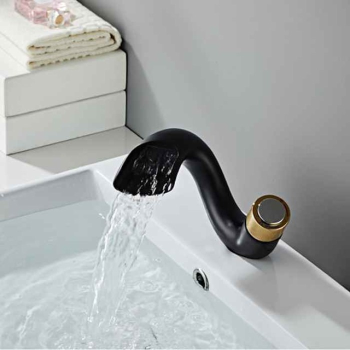 Waterfall Bathroom Sink Mixer Faucet, Mono Wash Basin Single Handle Basin Taps, Monobloc Vessel Water Brass Tap Deck Mounted with Hot and Cold Hose