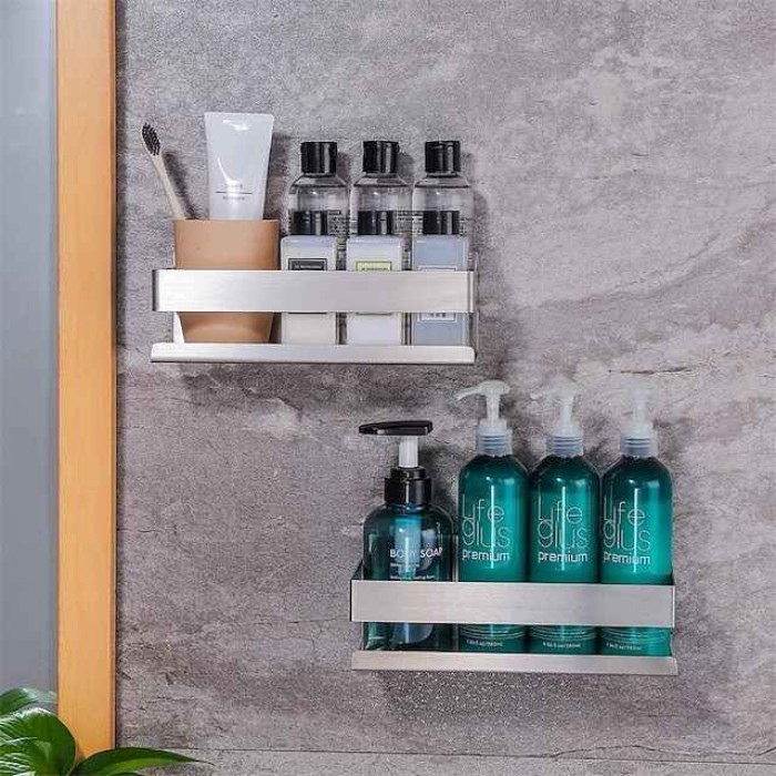 Bathroom Shelf,Self-Adhesive Shower Shelf Stainless Steel Wall-mounted Punch-free Bathroom Storage For Bathroom,Kitchen(Brushed Nickel,Matte Black)