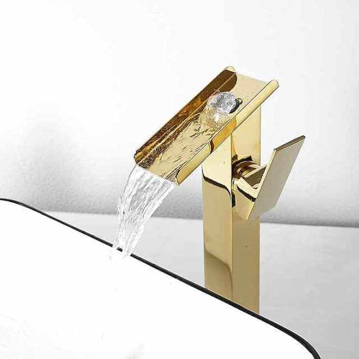 Waterfall Bathroom Sink Mixer Faucet Tall, Basin Taps Single Handle Deck Mounted with Cold and Hot Hose