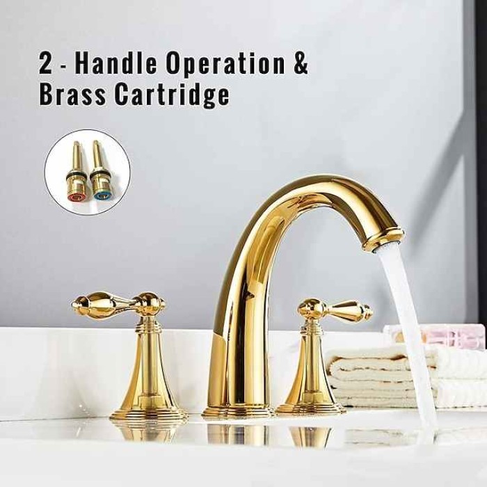 Bathroom Sink Faucet,Widespread Brass Two Handles Three Holes Bathroom Faucet with Valve and Hot/Cold Switch