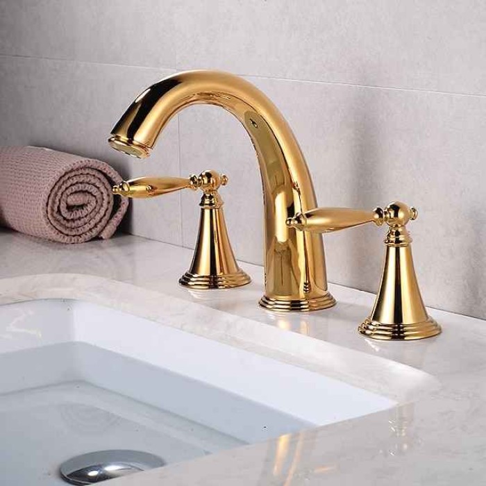 Bathroom Sink Faucet,Widespread Brass Two Handles Three Holes Bathroom Faucet with Valve and Hot/Cold Switch