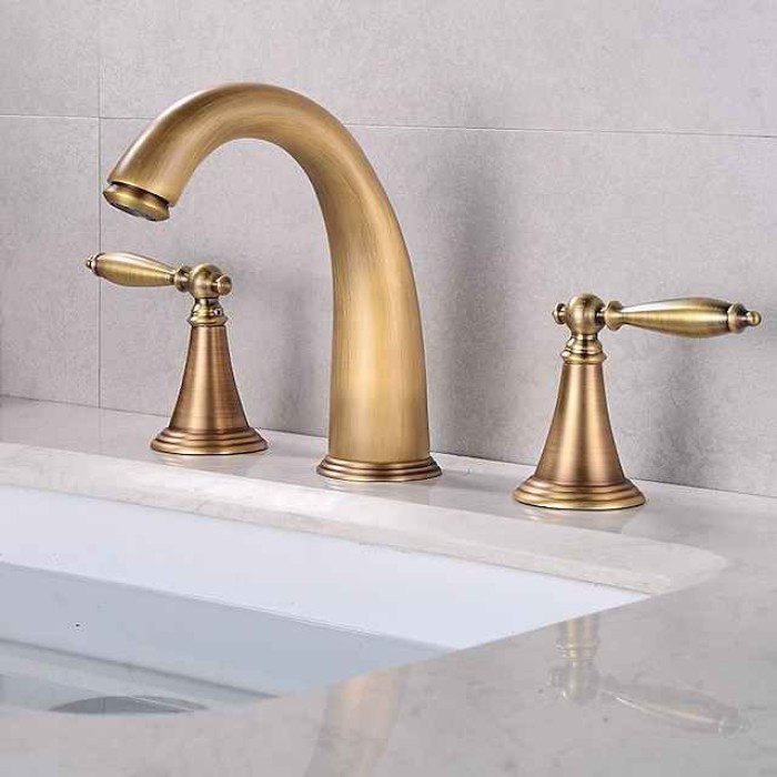 Bathroom Sink Faucet,Widespread Brass Two Handles Three Holes Bathroom Faucet with Valve and Hot/Cold Switch