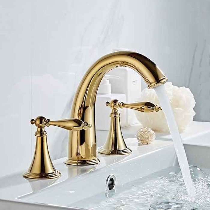 Bathroom Sink Faucet,Widespread Brass Two Handles Three Holes Bathroom Faucet with Valve and Hot/Cold Switch